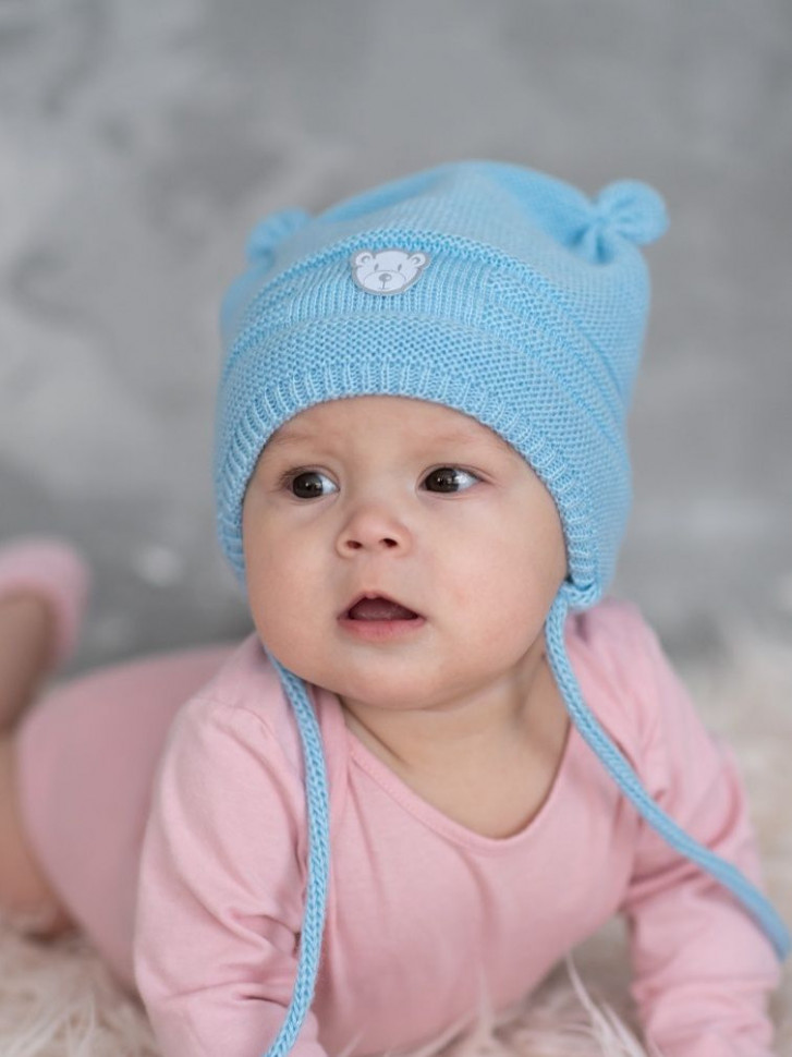Шапочка шерстяная утепленная с подкладкой, голубая фото 1 &mdash; MamaEmma.ru