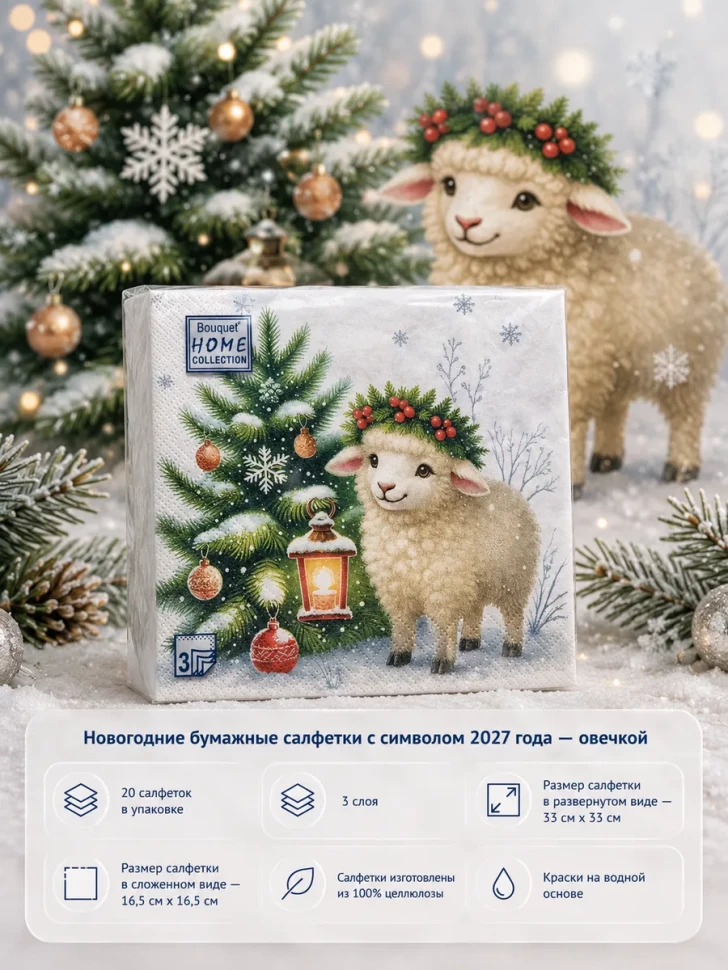 Новогодние бумажные салфетки символ года овца 20 шт. фото 1 &mdash; МамаЭмма