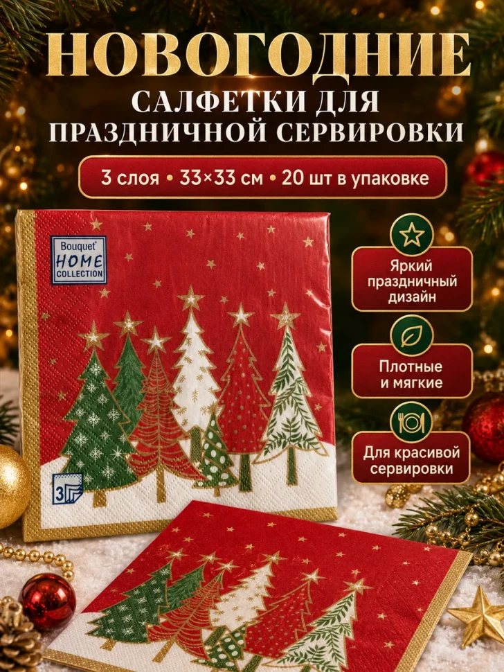 Салфетки новогодние бумажные 3 слоя 33×33 см 20 шт декоративные  фото 1 &mdash; МамаЭмма