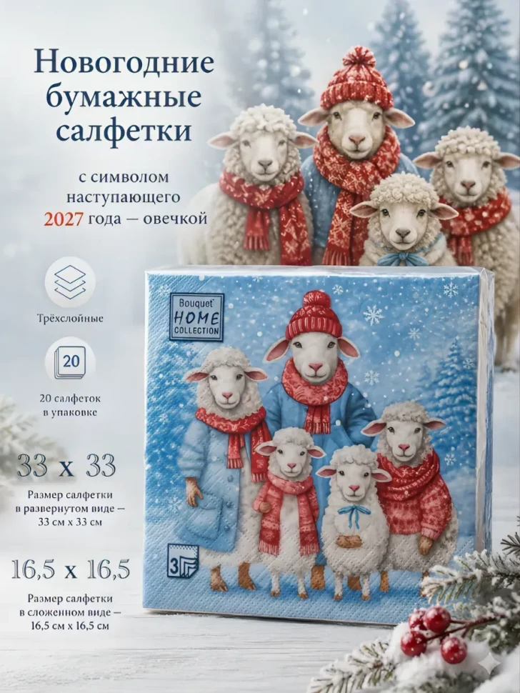 Новогодние бумажные салфетки символ 2027 года семья овец фото 1 &mdash; МамаЭмма